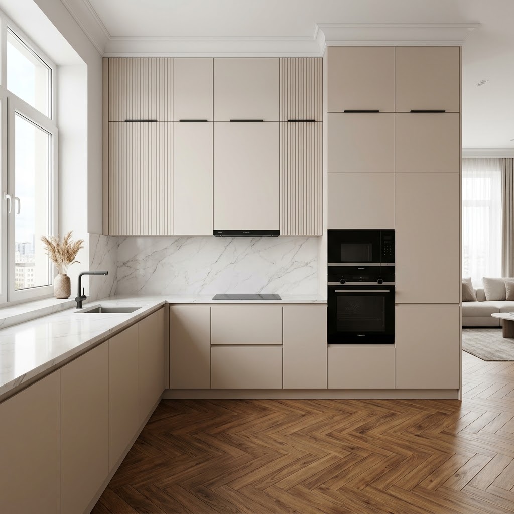 Кухня в светлых тонах Sandra с рифлёными фасадами